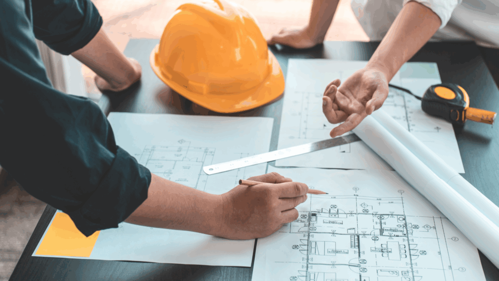 Engineers reviewing building design plans to ensure compliance with ASHRAE Standards for indoor air quality and safety.