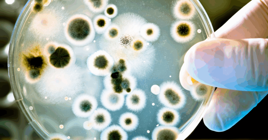 Gloved hand holding petri dish used to study microbes for understanding the pathogen elimination hierarchy in disinfection.