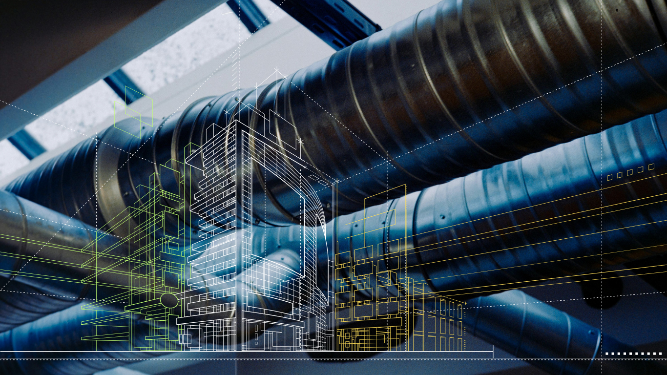 Ductwork layout with building plans illustrating ASHRAE ventilation design.